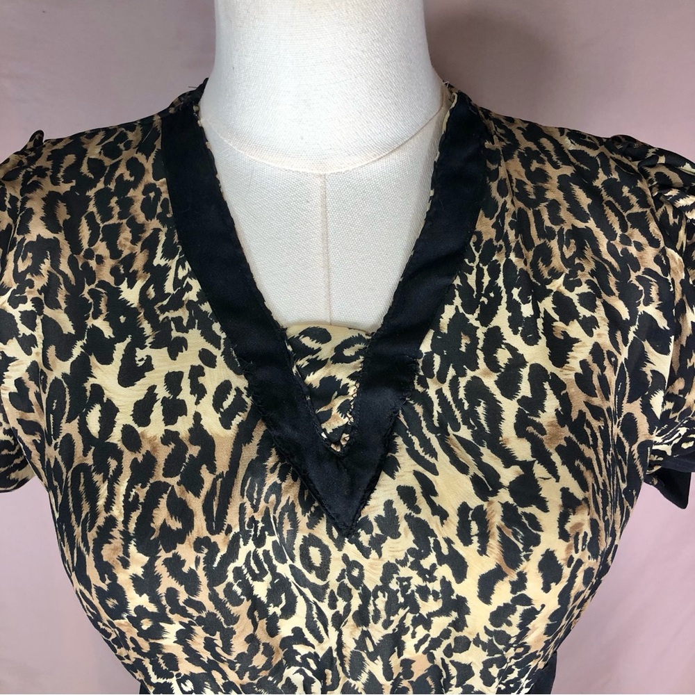 Leopard Print Short Sleeve Mini Dress or Shirt with Black Trim Sheer Size Small - Picture 5 of 8